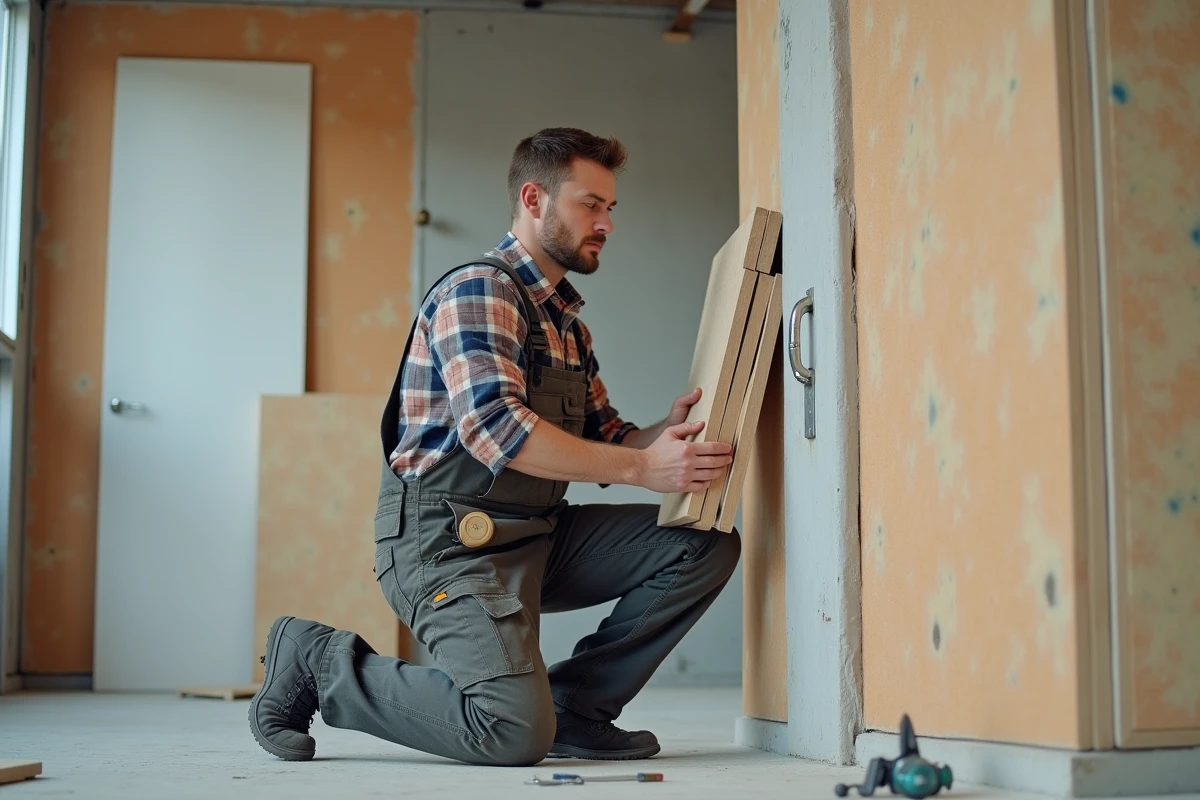 Ouvrier en construction vérifiant l'isolation intérieure