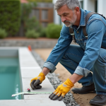 Ouvrier en overalls examine un béton de piscine en extérieur