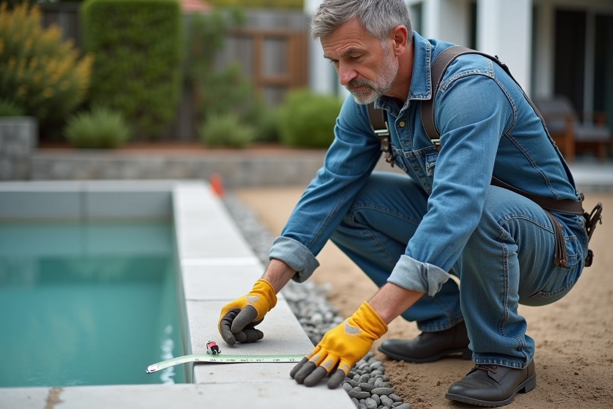 Ouvrier en overalls examine un béton de piscine en extérieur