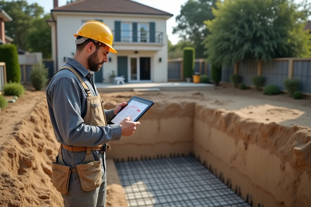 Ouvrier en bâtiment supervisant le chantier de creusement d'une piscine avec estimation des coûts sur tablette