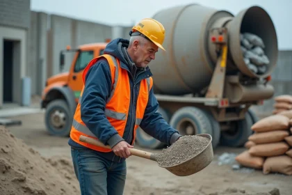 Ouvrier de construction pesant un seau de gravier sur un chantier