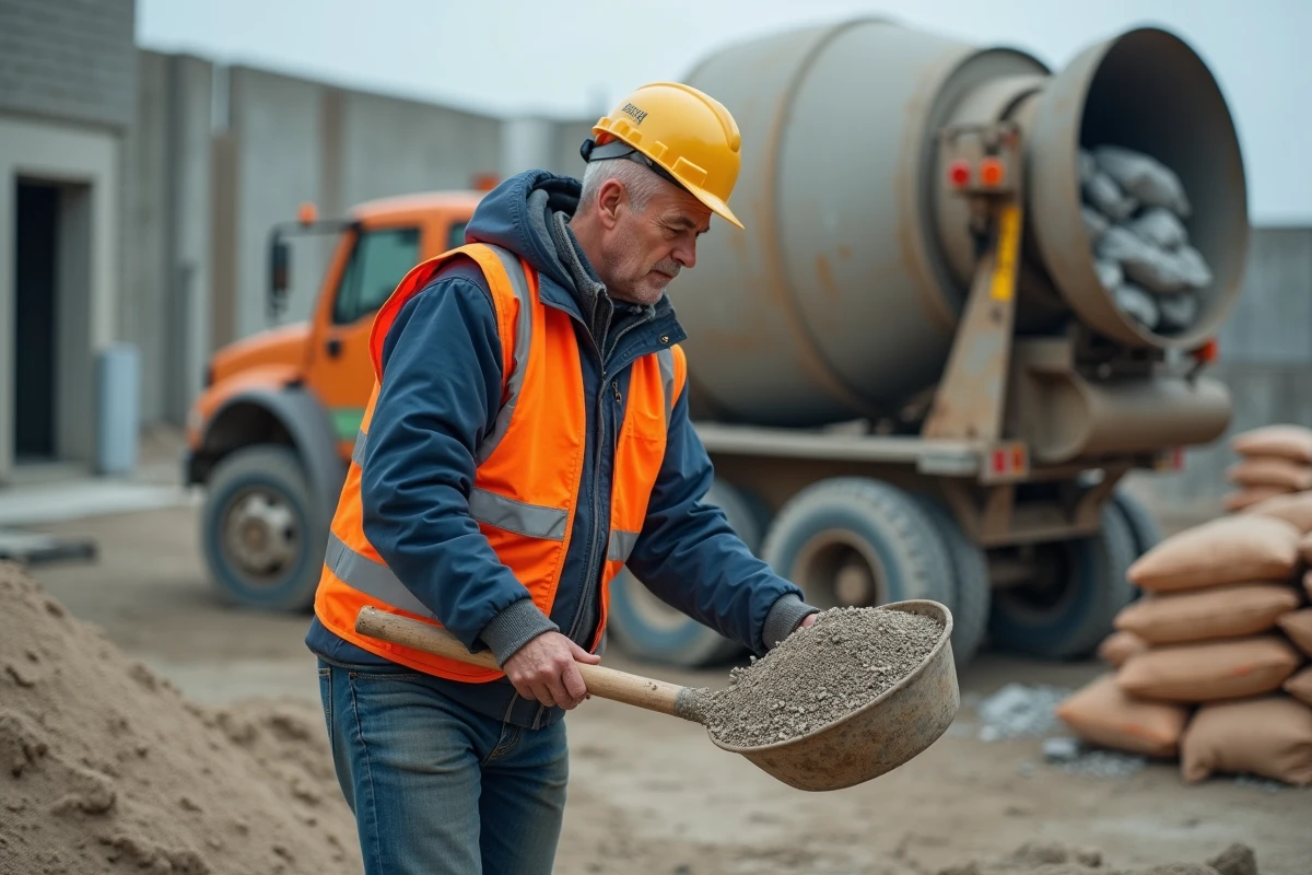 Ouvrier de construction pesant un seau de gravier sur un chantier