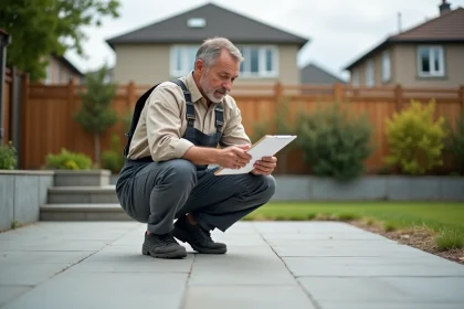 Ouvrier en overalls examine une terrasse en béton fraîche