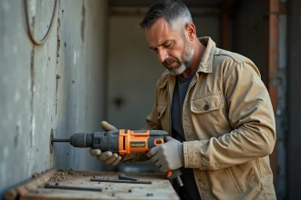 Ouvrier du bâtiment insérant une cartouche de scellement chimique dans une perceuse sur mur en béton