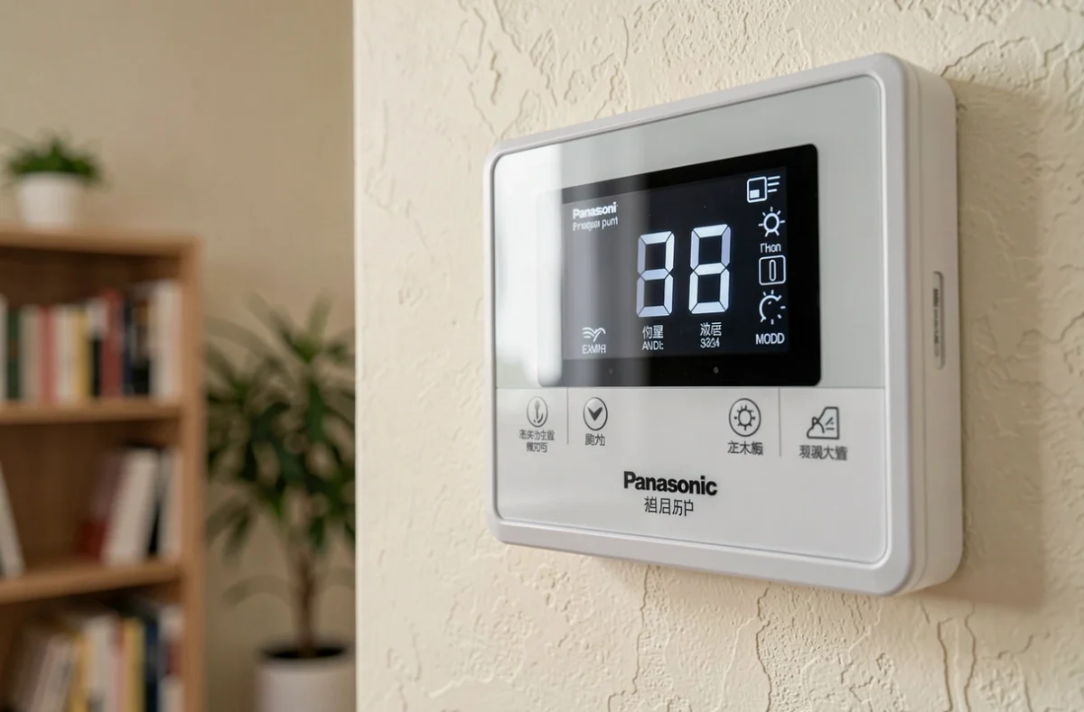 Gros plan sur le panneau de commande numérique d'une pompe à chaleur Panasonic affichant la température et les modes de fonctionnement