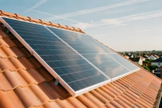 Panneau solaire 400W installé sur un toit en tuiles avec ciel bleu en arrière-plan