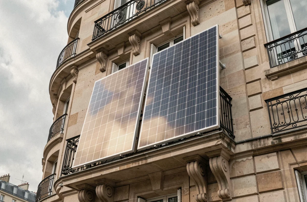 Panneaux solaires Beem installés sur un balcon haussmannien à Paris, vue urbaine en contre-plongée