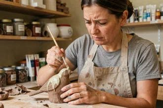 Femme peignant une sculpture en argile autodurcissante avec un pinceau fin, remarquant des erreurs de peinture sur une surface non scellée