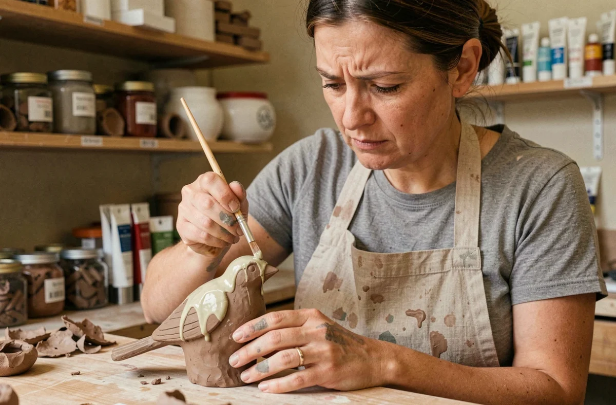 Femme peignant une sculpture en argile autodurcissante avec un pinceau fin, remarquant des erreurs de peinture sur une surface non scellée