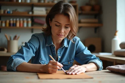 Femme peignant du cuir vegan beige dans un atelier cosy