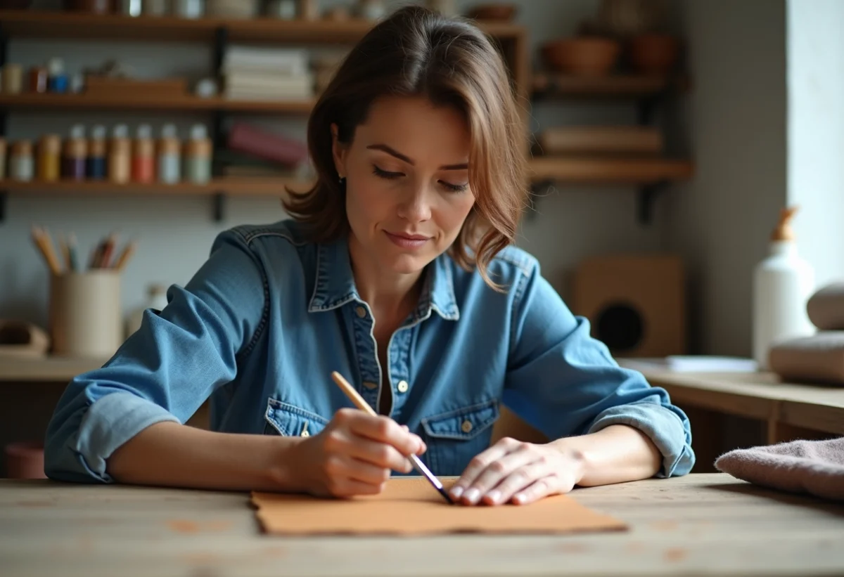 Femme peignant du cuir vegan beige dans un atelier cosy