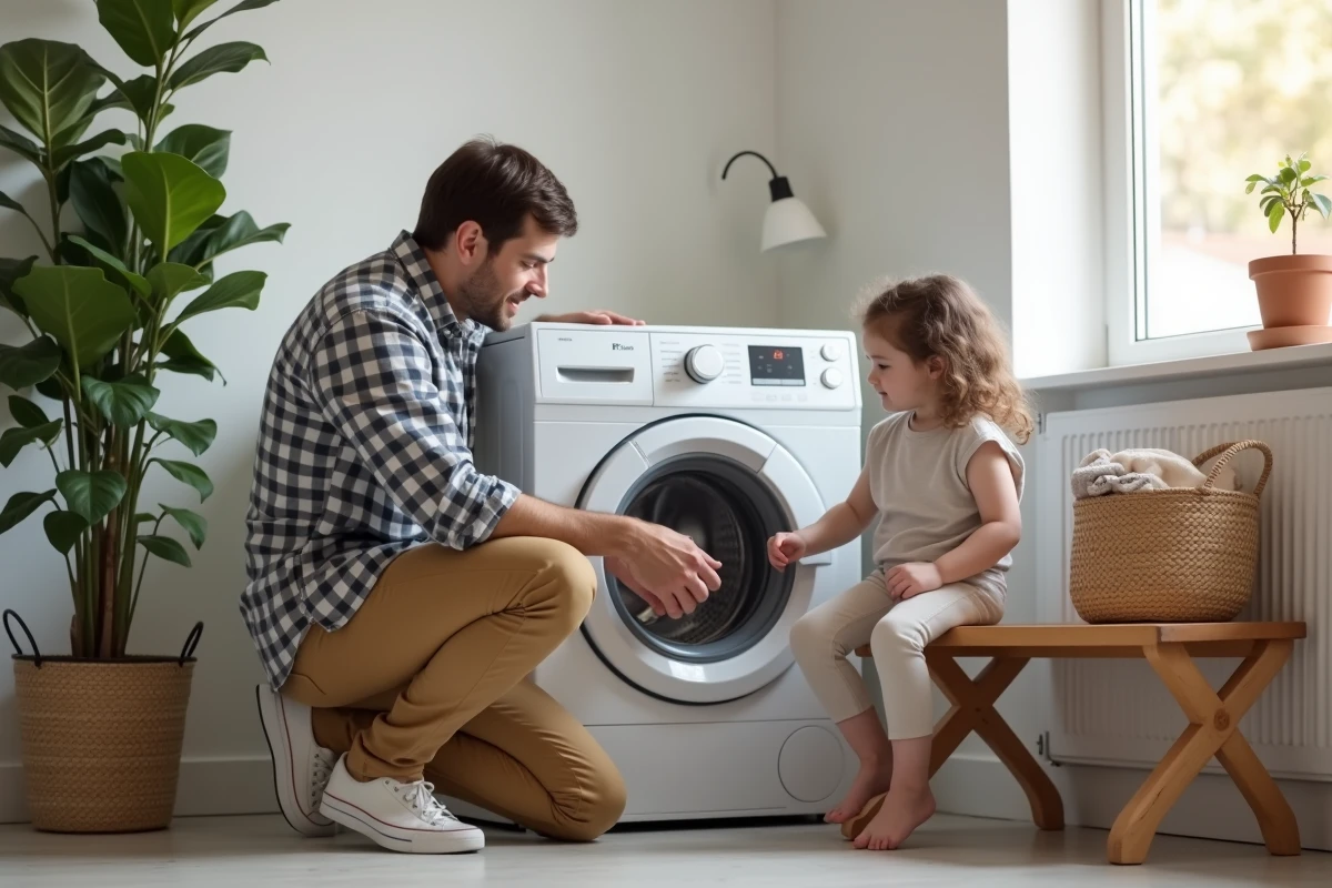 Pere expliquant le symbole de lavage a sa fille dans la buanderie