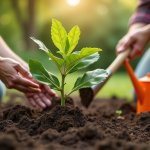 Main plantant un figuier dans le sol du jardin avec outils