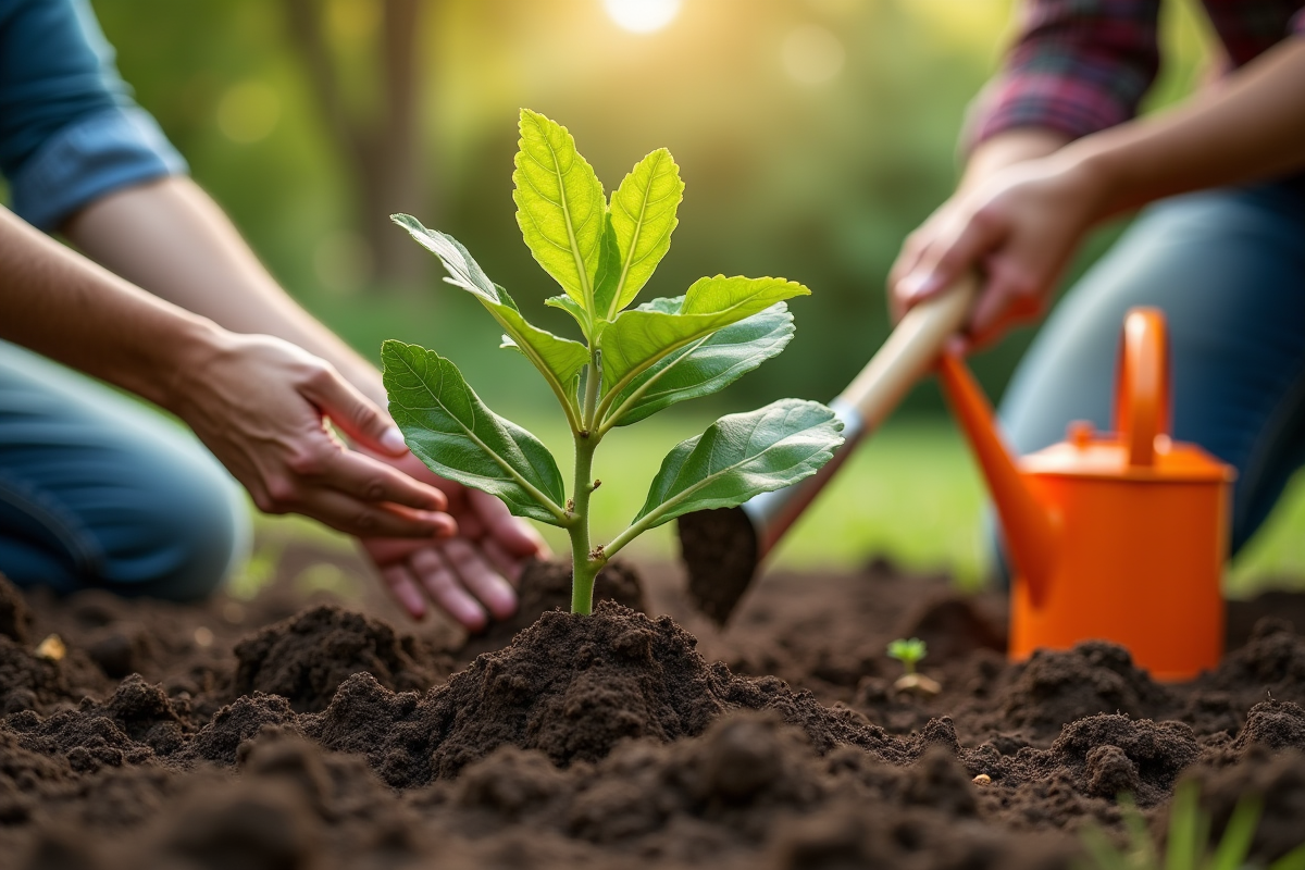 Main plantant un figuier dans le sol du jardin avec outils