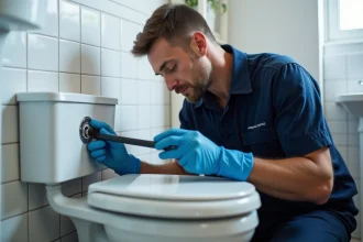 Plombier inspectant un sanibroyeur encrassé par le calcaire dans une salle de bain domestique