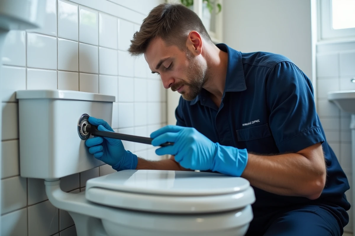 Plombier inspectant un sanibroyeur encrassé par le calcaire dans une salle de bain domestique
