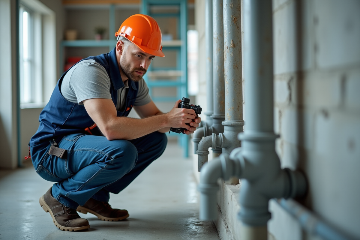 Plombier homme en travail inspectant des tuyaux PVC propres