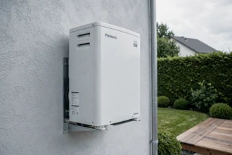 Unité extérieure de pompe à chaleur Panasonic installée sur la façade d'une maison moderne avec jardin en arrière-plan