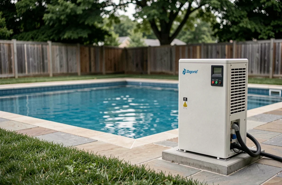 Pompe à chaleur Zodiac installée au bord d'une piscine extérieure dans un jardin résidentiel