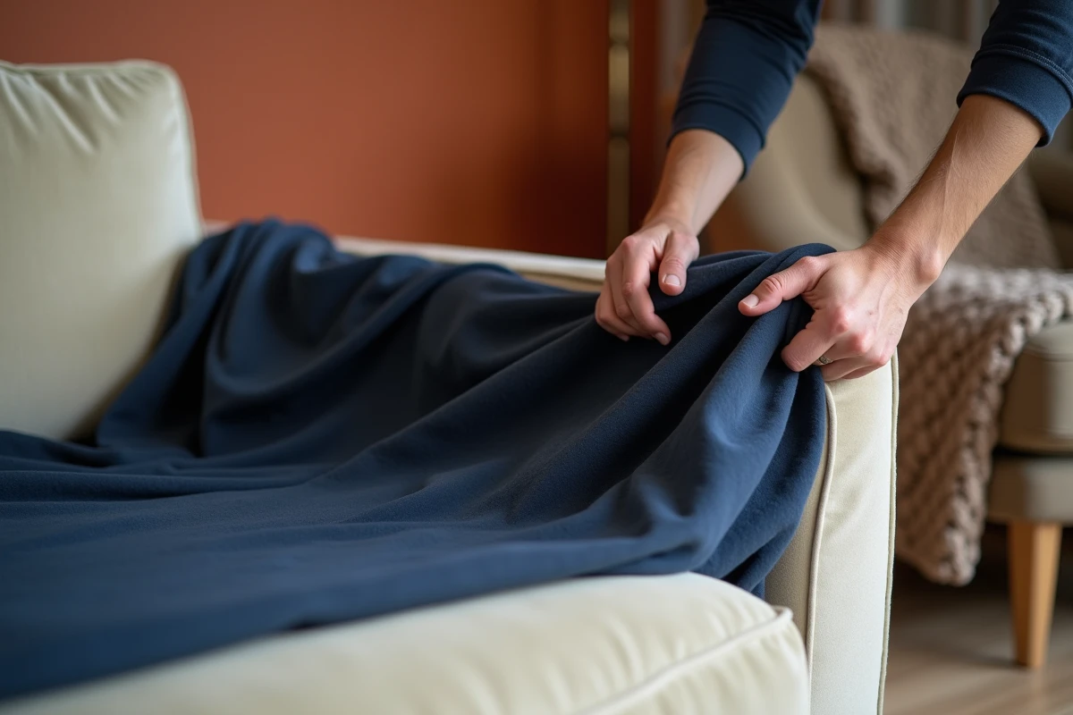 Pose d'une housse foncée bleu marine sur un canapé méridienne crème en velours, détail des mains