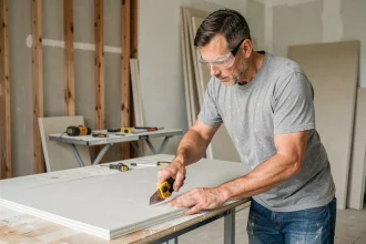 Ouvrier mesurant et découpant un panneau de placo isolé Leroy Merlin dans une pièce en rénovation