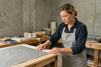 Femme appliquant un plaquage fibrecouture sur un meuble en bois dans un atelier artisanal organisé