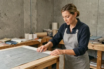 Femme appliquant un plaquage fibrecouture sur un meuble en bois dans un atelier artisanal organisé