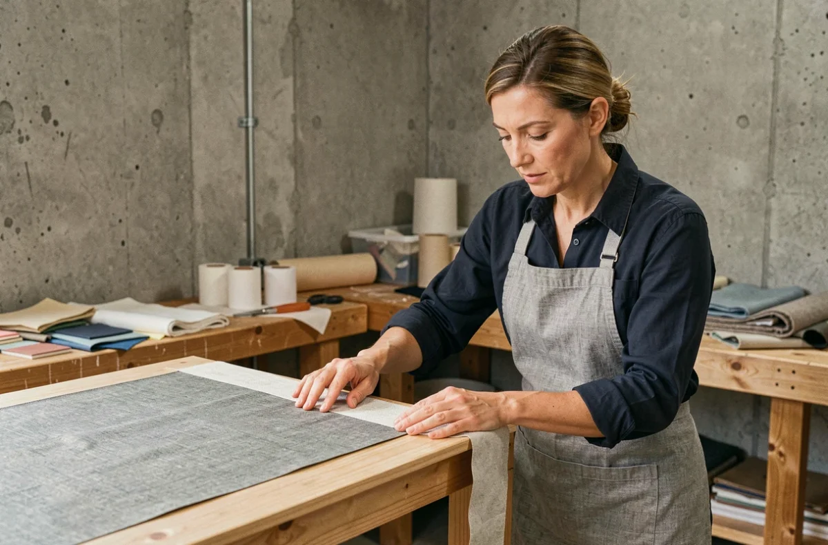 Femme appliquant un plaquage fibrecouture sur un meuble en bois dans un atelier artisanal organisé