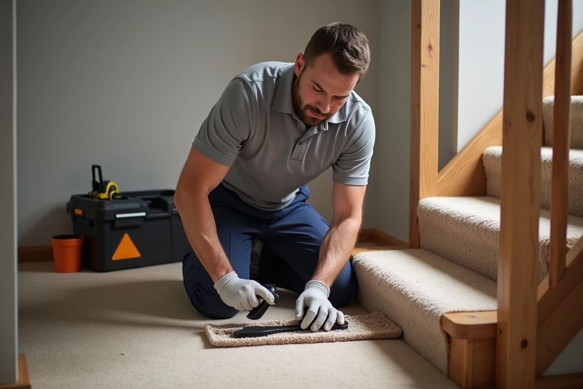 Poseur de moquette professionnel installant une marche en moquette beige sur un escalier en bois dans une maison moderne
