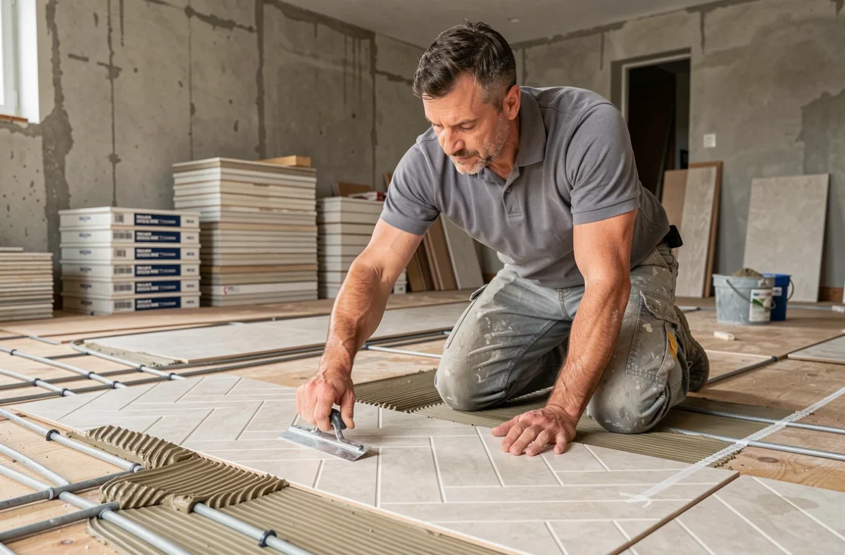 Carreleur professionnel posant des carreaux en chevron sur un système de plancher chauffant électrique en cours de rénovation