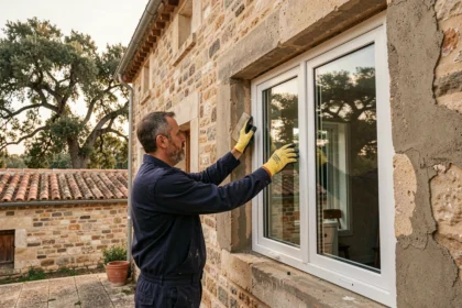 Poseur de fenêtres professionnel installant une fenêtre à double vitrage dans une maison en pierre de Charente-Maritime