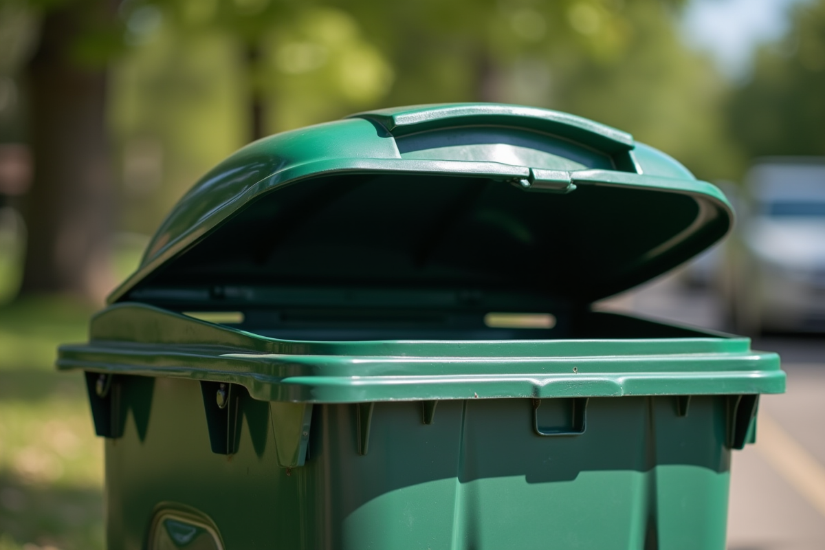 Poubelle extérieure propre avec couvercle ouvert en plein jour