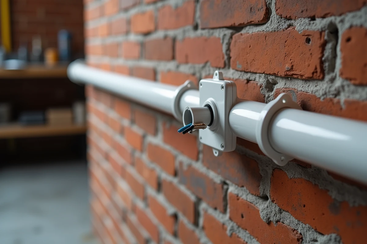 Prise murale apparente avec goulotte PVC blanche sur mur en briques dans un atelier