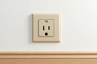 Prise murale encastrée avec plaque beige sur mur blanc lisse et plinthe en bois