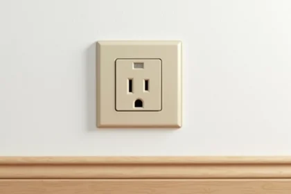 Prise murale encastrée avec plaque beige sur mur blanc lisse et plinthe en bois