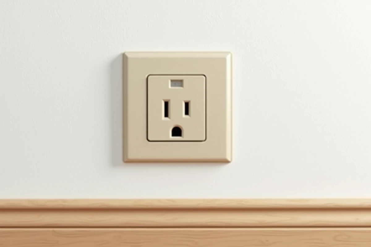 Prise murale encastrée avec plaque beige sur mur blanc lisse et plinthe en bois