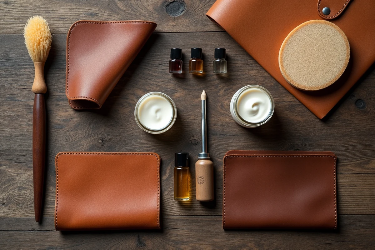 Produits modernes de rénovation du cuir disposés en flat lay sur bois brut, incluant crèmes, pigments et applicateurs