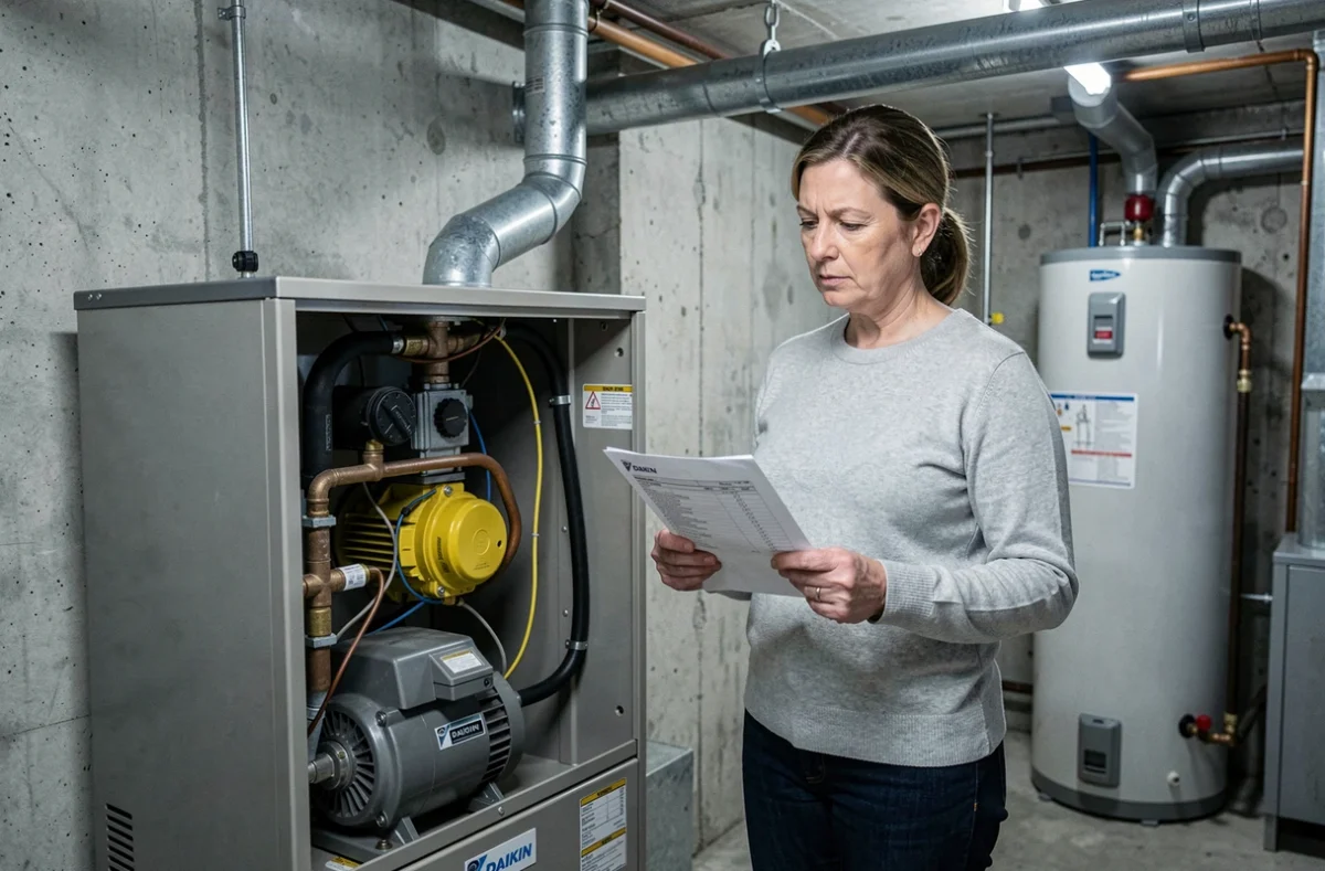 Propriétaire examinant le circulateur interne d'une pompe à chaleur Daikin ouverte dans une chaufferie