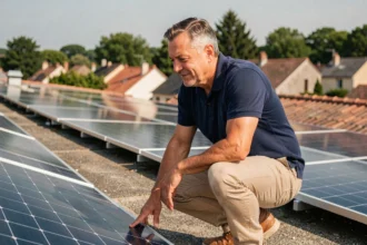 Propriétaire inspecte des panneaux solaires installés sur le toit de sa maison en autoconsommation
