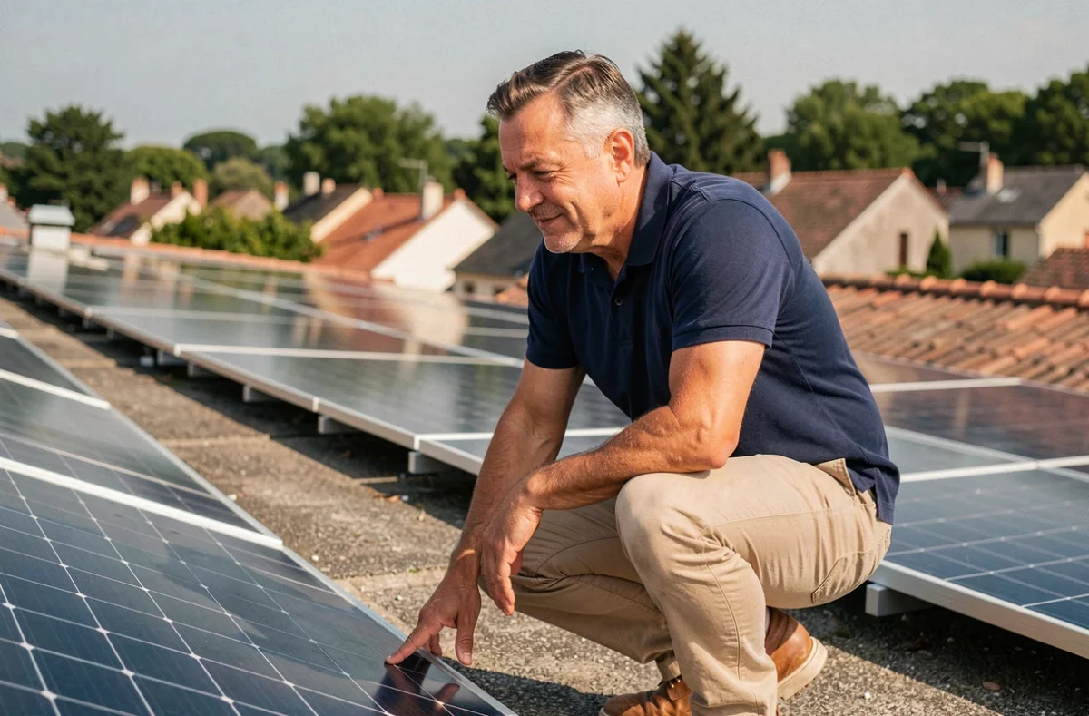 Propriétaire inspecte des panneaux solaires installés sur le toit de sa maison en autoconsommation