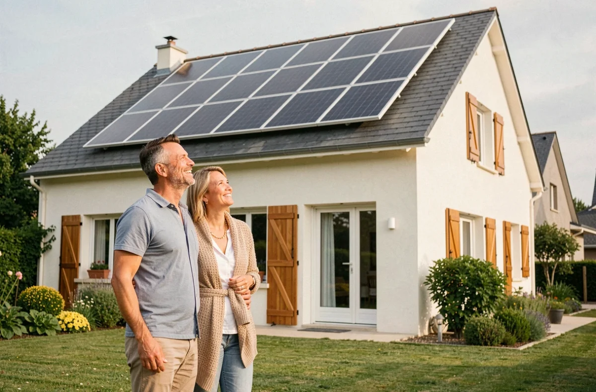 Couple de propriétaires français admirant leurs panneaux solaires Qcell installés sur le toit de leur maison