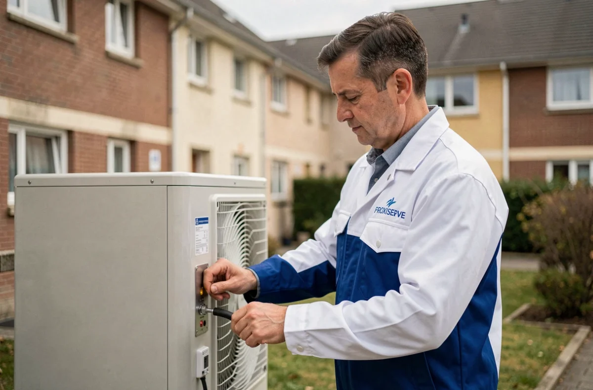 Technicien Proxiserve de l'agence du Grand-Quevilly effectuant une vérification de maintenance sur une pompe à chaleur air-eau en Seine-Maritime