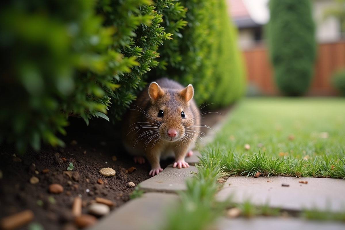 Rat sortant prudemment des buissons dans le jardin