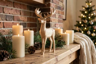 Renne de Noël décoratif en bois de bouleau posé sur une cheminée avec des pommes de pin et des bougies crème dans un salon chaleureux