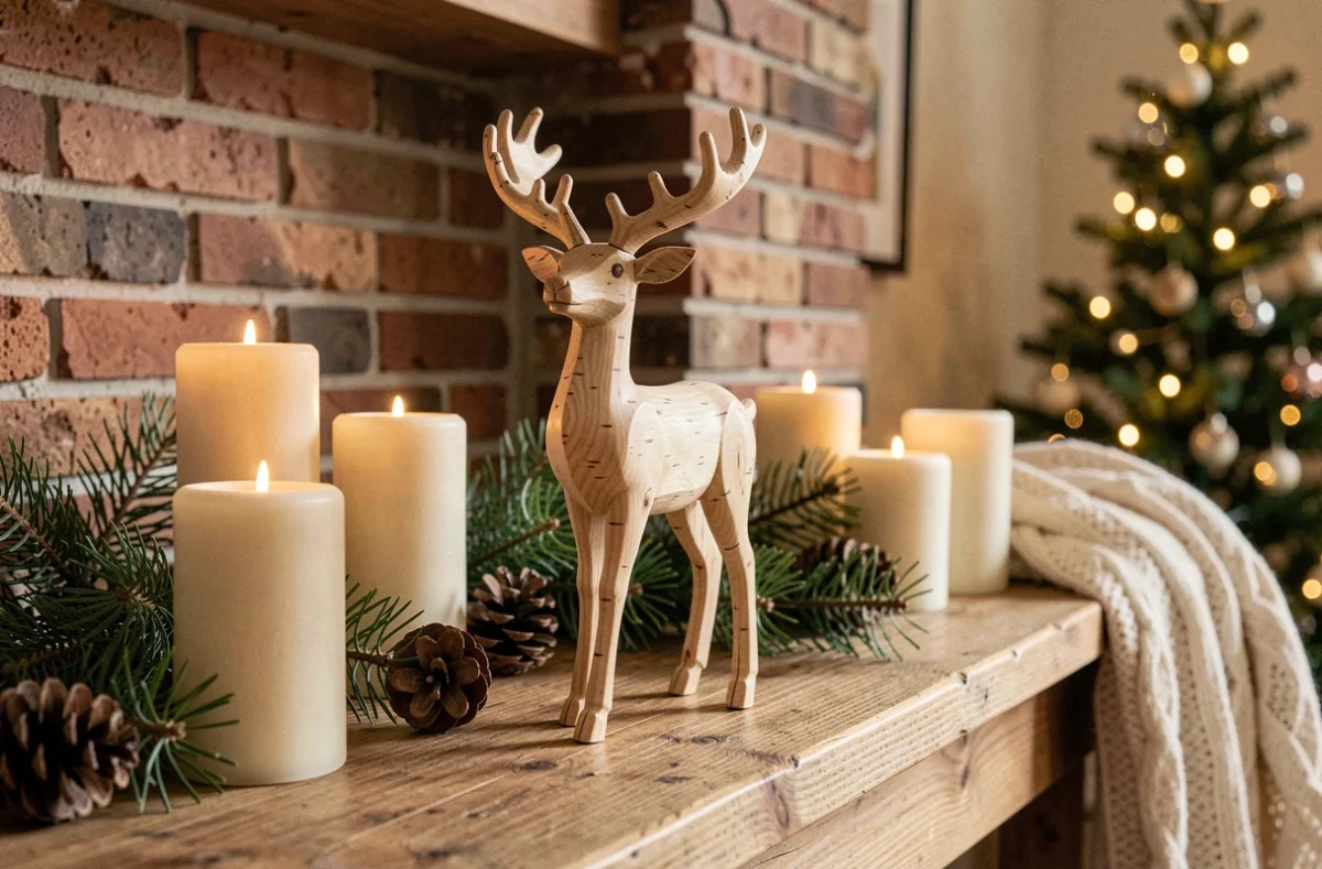 Renne de Noël décoratif en bois de bouleau posé sur une cheminée avec des pommes de pin et des bougies crème dans un salon chaleureux