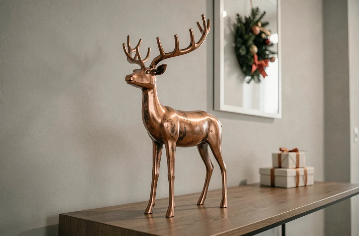 Renne de Noël décoratif en métal cuivré posé sur une console moderne dans un couloir contemporain avec cadeaux emballés