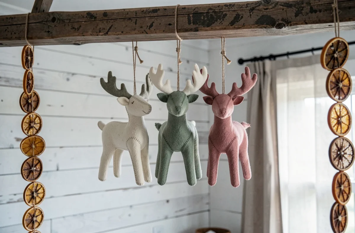 Trois ornements rennes de Noël en feutrine suspendus à une poutre en bois dans une cuisine de style scandinave avec décoration naturelle