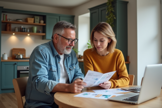 Couple examine brochures de renovation dans une maison moderne