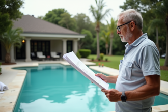 Homme d'âge moyen avec plans devant piscine en rénovation