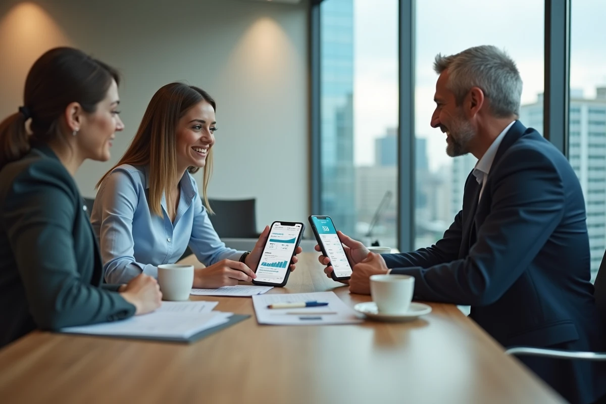 Deux professionnels de l'immobilier comparant les prix de l'application lamaison360 lors d'une réunion en agence